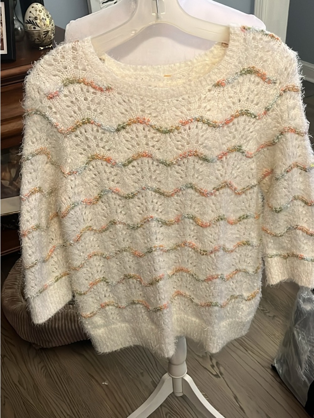 Source Unknown Cream Open-Weave Sweater with Pastel Wave Stripes